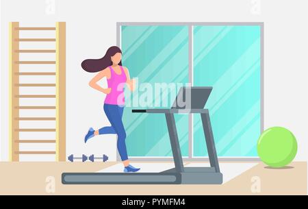 Young beautiful woman running on a treadmill in a gym. Girl running. Vector illustration in flat style Stock Vector