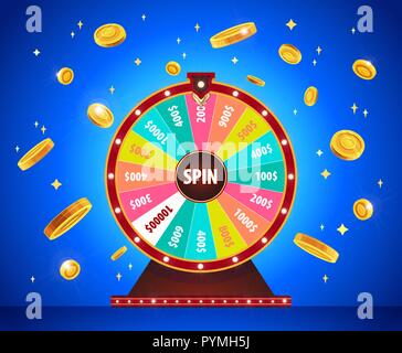 Wheel of Fortune with gold 3d coins, lottery and luck. Stock Vector