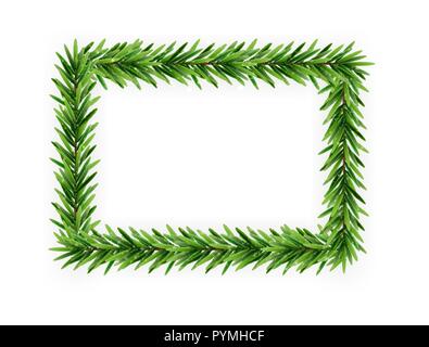 Colorful realistic Christmas and New Year 3D frame of Christmas tree branches. Vector Illustration Stock Vector