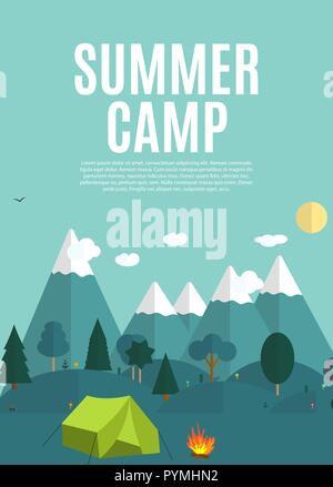 Summer Camping Nature Background in Modern Flat Style with Sample Text Stock Vector
