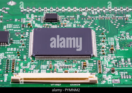 The components of the motherboard. Include chip, ic, cpu socket, heatsink and many port. Stock Photo