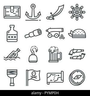 pirates icons set. Sabre, bandanna, hook, treasure chest cannon anchor map rum Stock Vector