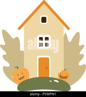 Autumn Landscape with Wooden House, Pumpkins, Leaves, Tree, Fruit and. Flat Design Style. Stock Vector