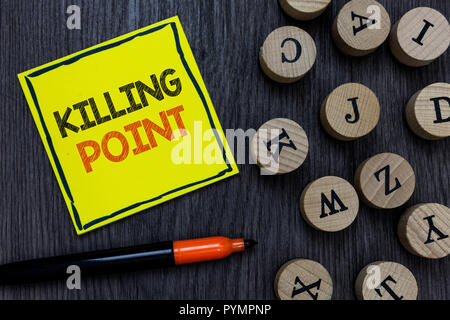 Conceptual hand writing showing Killing Point. Business photo showcasing Phase End Review Stage Gate Project Evaluation No Go Yellow paper circle Mark Stock Photo