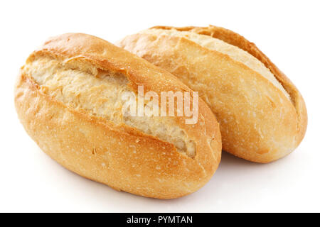 Two crusty mini baguettes on white surface Stock Photo