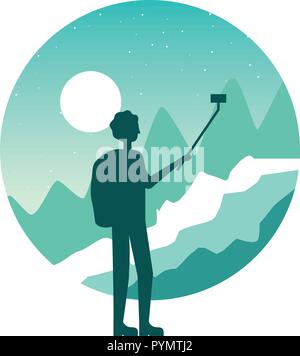 traveler man taking selfie in the landscape Stock Vector