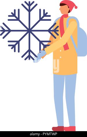man with backpack holding snowflake winter Stock Vector