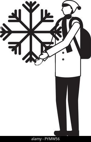 man with backpack holding snowflake winter Stock Vector