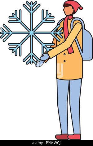 man with backpack holding snowflake winter Stock Vector