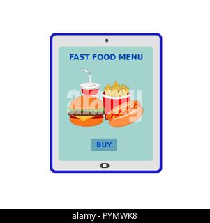 Isolated tablet device display online shopping delicious fast food menu , vector icon Stock Vector