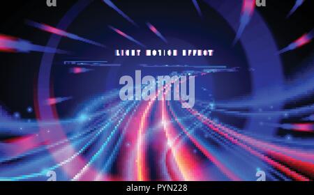 A futuristic illustration in vector of light trails in cyberpunk style, Light speed effect, slow shutter, night urban. Stock Vector