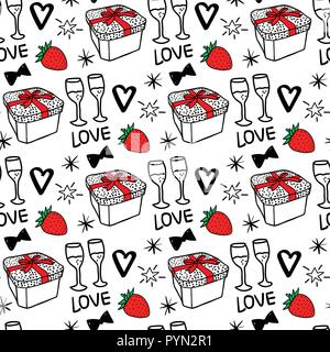 Seamless pattern. Merry Christmas and Happy new year fashion sketch celebration gift box, champagne with strawberries. Hand drawn Vector illustration isolated on white background. Stock Vector