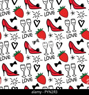 Seamless pattern. Merry Christmas and Happy new year fashion sketch celebration womens elegant shoe, champagne with strawberries. Hand drawn Vector illustration isolated on white background. Stock Vector