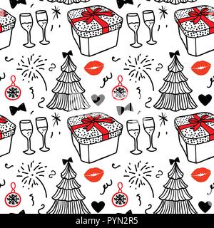 Seamless pattern. Merry Christmas and Happy new year fashion sketch celebration gift box, tree and fireworks. Hand drawn Vector illustration isolated on white background. Stock Vector