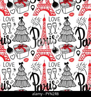 Lettering Paris and Eiffel Tower. Seamless pattern Merry Christmas and Happy new year fashion sketch gift box, tree and fireworks. Hand drawn Vector illustration isolated on white background. Stock Vector