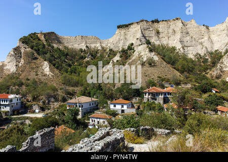 MELNIK, BULGARIA - SEPTEMBER 7, 2017:  Panorama with Old houses in town of Melnik, Blagoevgrad region, Bulgaria Stock Photo