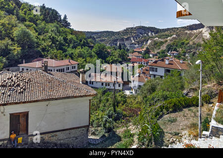 MELNIK, BULGARIA - SEPTEMBER 7, 2017:  Panorama with Old houses in town of Melnik, Blagoevgrad region, Bulgaria Stock Photo