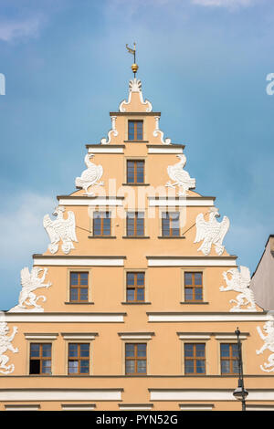 Gable roof end, view of an ornate gable roof in Wroclaw, Poland. Stock Photo