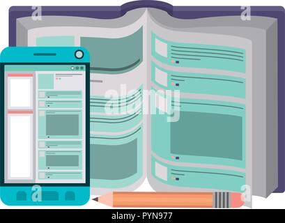 text book with pencil and smartphone icon Stock Vector