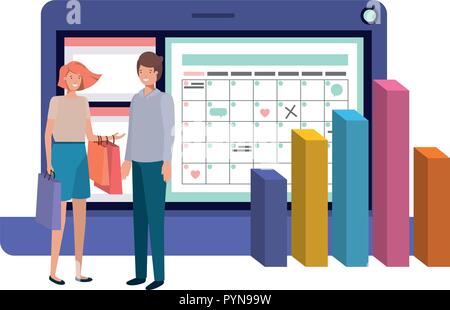 laptop computer with statistics bars and couple Stock Vector