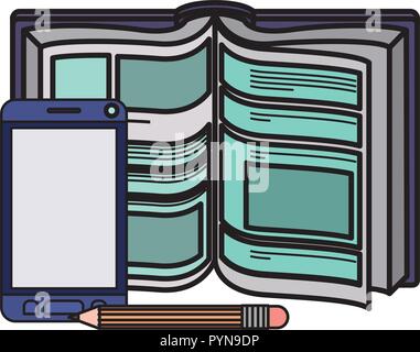 text book with pencil and smartphone icon Stock Vector