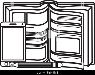 text book with pencil and smartphone icon Stock Vector
