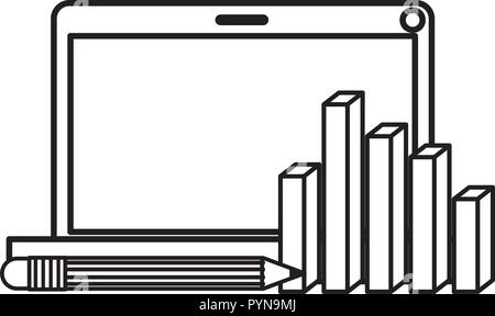 laptop computer with statistics bars and pencil Stock Vector