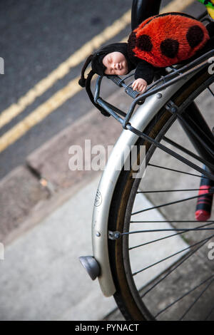 ANNE GEDDES LADYBUG BABY LADYBIRD DOLL on bicycle colour on greyluggage snap on back wheel Stock Photo