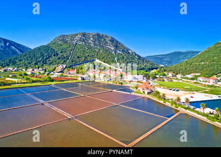 Town of Ston bay and salt fields aerial view, Peljesac peninsula, Dalmatia region of Croatia Stock Photo