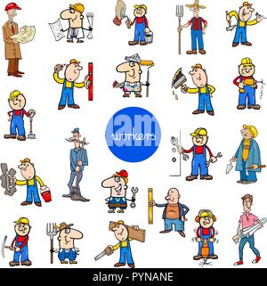 Cartoon Illustration of Funny Manual Workers at Work Characters Large Set Stock Vector