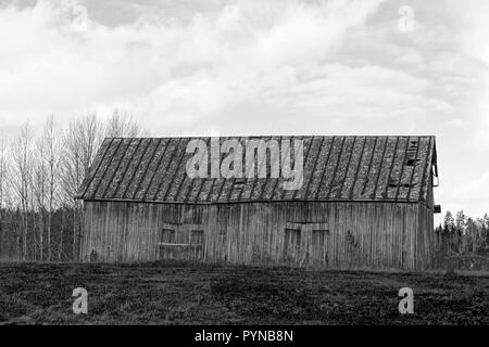 Old barn with shigle roof in field in the country. Black and white image. Stock Photo