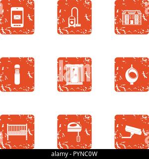 Town house icons set, grunge style Stock Vector