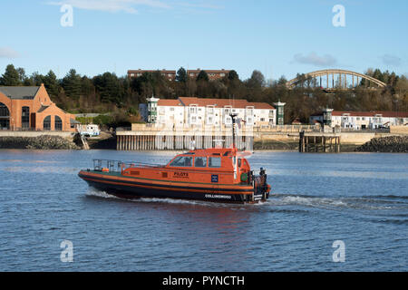 River Tyne pilot boat Collingwood with South Shields riverside in the background, north east England, UK