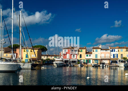 Post Grimaud (the little venice) with its canals and boats in France (Provence) Stock Photo