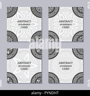 Set of 4 creative covers with round ornament shapes. Monochromatic ethnic seamless textures. Decorative elements for cards, t-shirt print, invitations Stock Vector