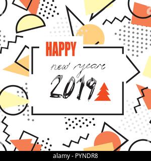 Happy New Year 2019 banner. Abstract winter holiday background. Christmas greeting card with handwritten lettering in 90s geometric style Stock Vector