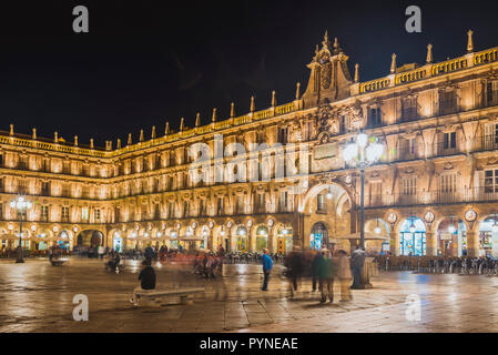 View of the plaza at night. The Plaza Mayor, Main Square, in Salamanca, Spain, is a large plaza located in the center of Salamanca, used as a public s Stock Photo