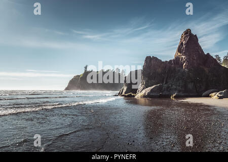 Ruby Beach shore on a sunny day with sea stacks, Olympic National Park, Washington state Coast, USA. Stock Photo