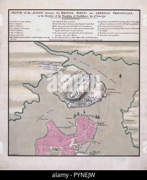 Vintage Maps / Antique Maps - Sketch of the action between the British forces and American provincials, on the heights of the peninsula of Charlestown, the 17th June 1775 Stock Photo