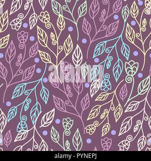 Beautiful floral seamless pattern with leaves and flowers in purple background. Vector illustration perfect for wallpaper, texture, fabric, textile Stock Vector