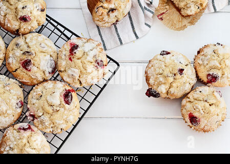 Fresh cranberry muffins cooling on a bakers rack over a rustic white table  background. Image shot from above with free space for text. Stock Photo