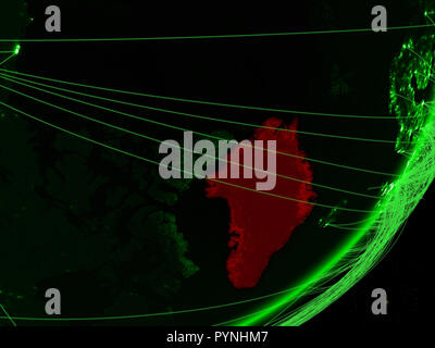 Greenland on green model of planet Earth with network at night. Concept ...