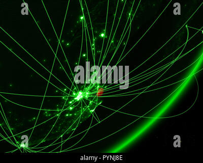 eSwatini on green model of planet Earth with network at night. Concept of green technology, communication and travel. 3D illustration. Elements of thi Stock Photo