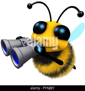 3d render of a funny cartoon honey bee character looking through binoculars Stock Photo