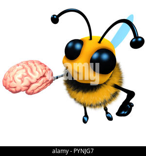 3d render of a funny cartoon honey bee character holding a human brain Stock Photo