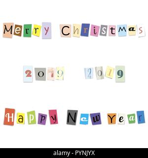 Text Happy New Year, Merry Christmas and numbers 2019 from cut letters, vector illustration. Stock Vector