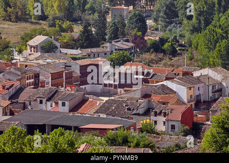The Plaza del Coso (also used as a bullring) surrounded by traditional houses in Peñafiel. Castilla y León, Spain.  [Ribera del Duero] Stock Photo
