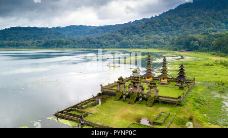 Aerial view of hindu temple ruins of Pura Hulun Danu at the Tamblingan lake, Bali, Indonesia Stock Photo