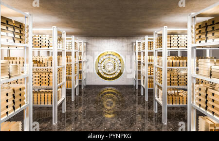 3d rendering of gold ingot in bank vault view from inside Stock Photo