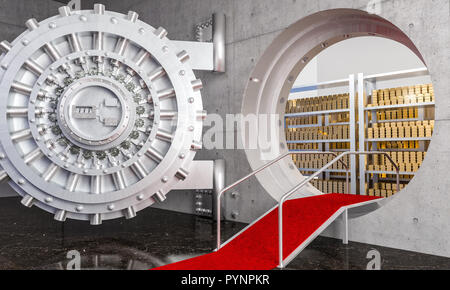 3d rendering of huge bank vault with gold ingot Stock Photo